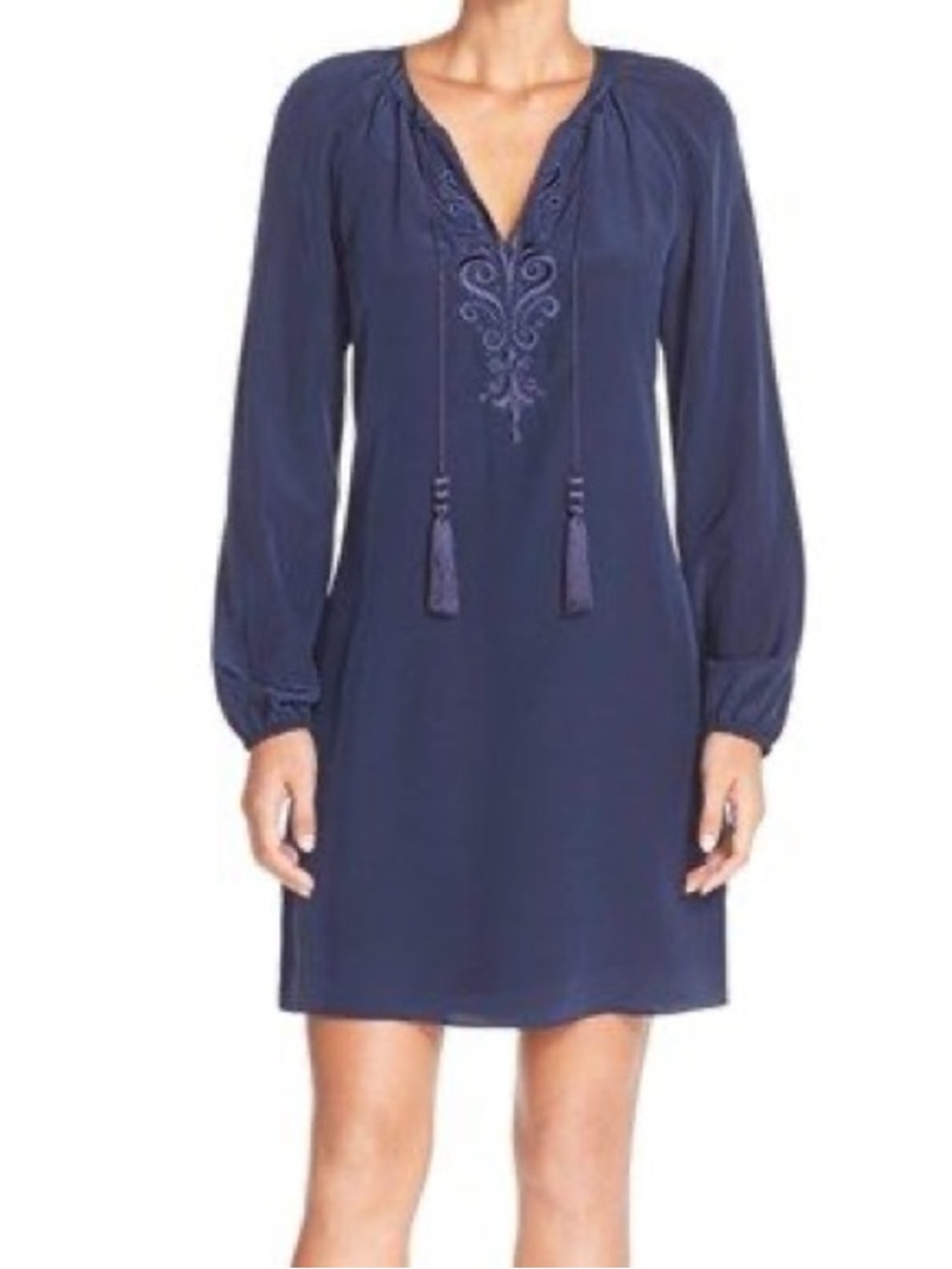 Lilly Pulitzer Roslyn Tunic Dress Blue Beaded Long Sleeve Medium Tie